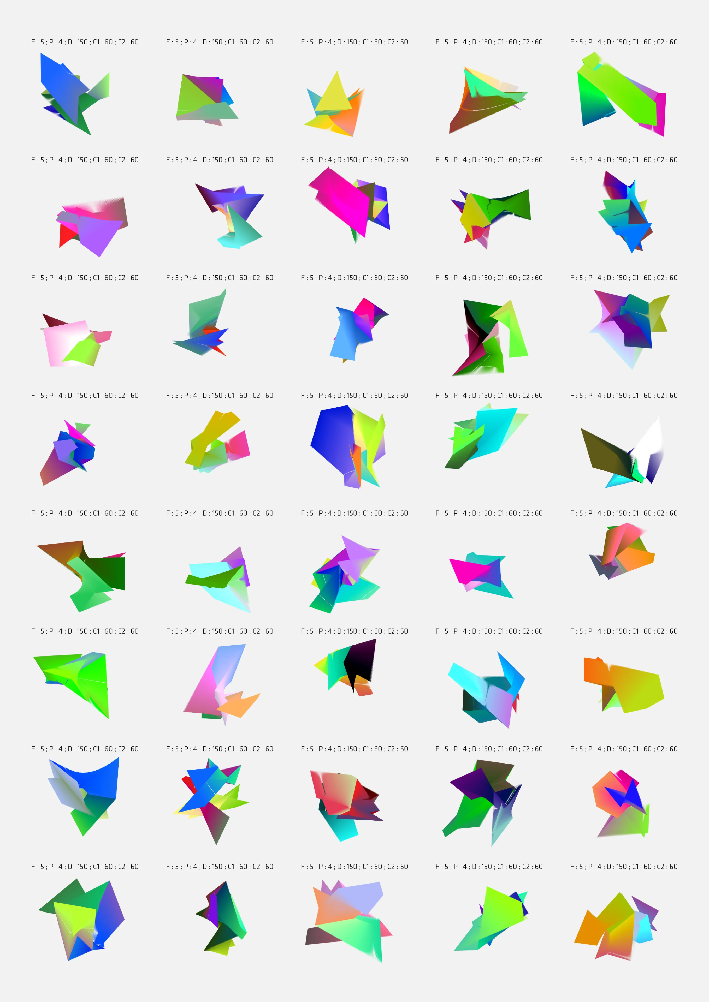 Planche composée de formes colorées en grille, chacune accompagnée d’indications de paramètres.
